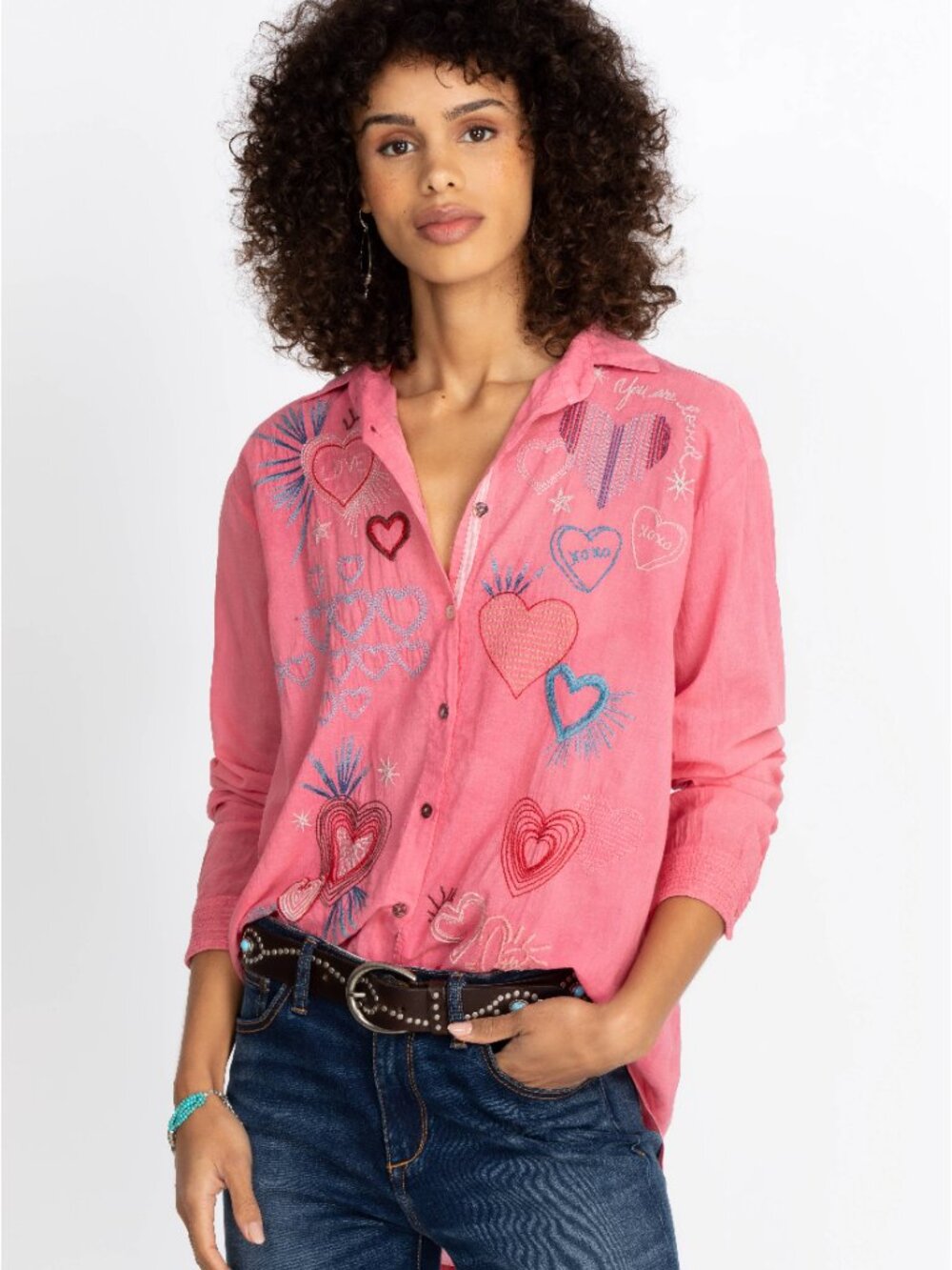Johnny Was Embroidered Cotton Button Down Amour Shirt
